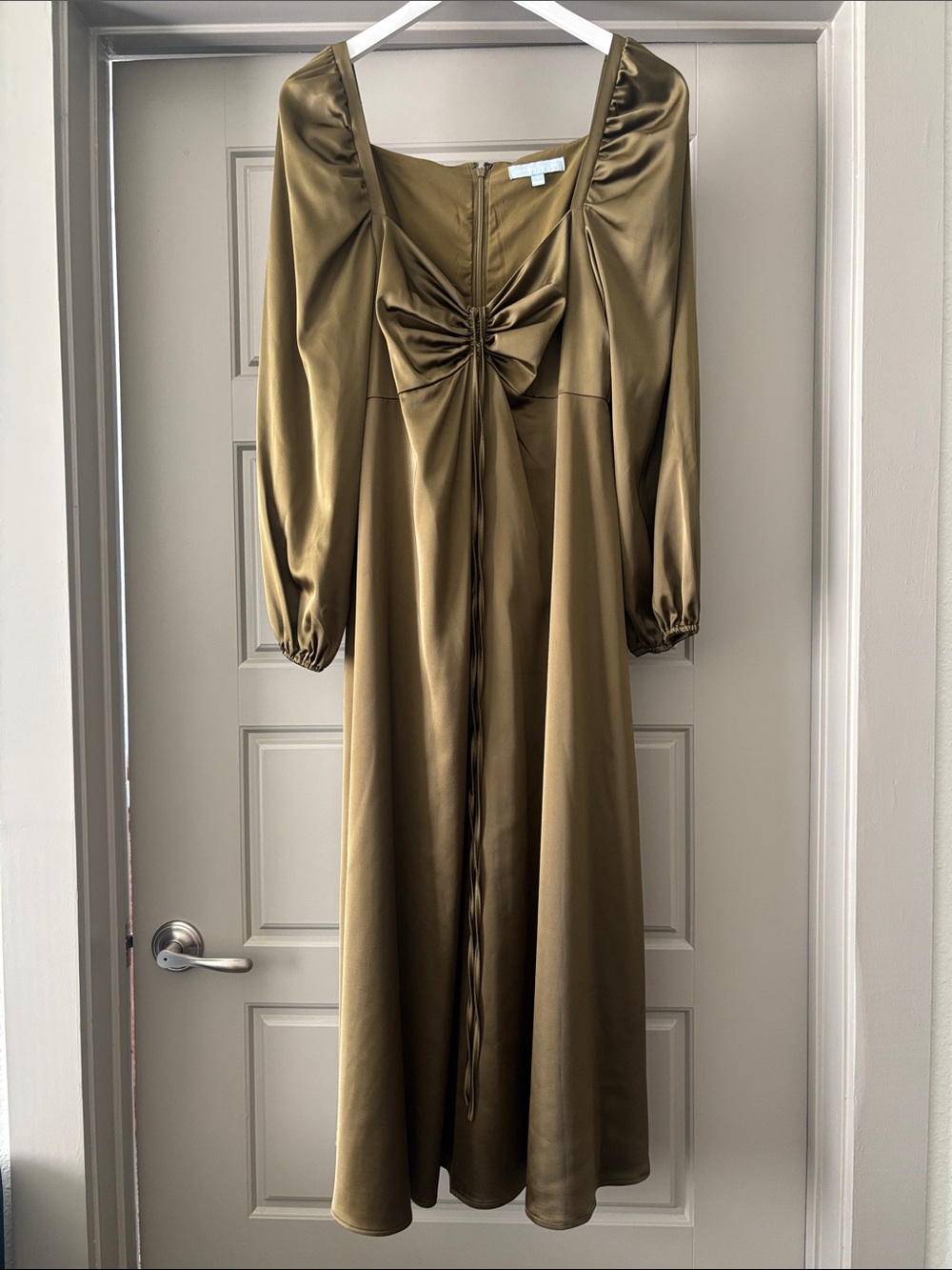 ANTONIO MELANI Olive Satin Long Sleeve Midi Dress with Front Bow